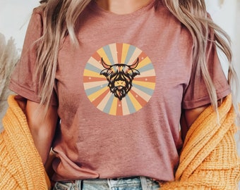 Retro Highland Kuh Schottland T-Shirt, Highland Kuh T-Shirt, Schottland-Kuh-T-Shirt, Schottland-Geschenke und Andenken, schottische Kuh