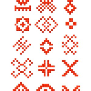 Korsstygnsmönster med rumänska folksymboler, geometriska motiv, enfärgad design (PDF-nedladdning)