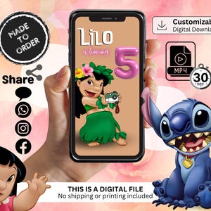 Lilo & Stitch video-verjaardagsuitnodiging, Lilo and Stitch aangepaste digitale uitnodiging, Hawaiiaanse geanimeerde uitnodiging, gepersonaliseerde uitnodiging
