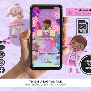 May include: A digital invitation for a Doc McStuffins themed birthday party. The invitation is on a phone screen and features Doc McStuffins, Lambie, and other characters from the show. The invitation is for a 3-year-old's birthday party and includes the date, time, and location of the party. The invitation also includes a phone number to RSVP.