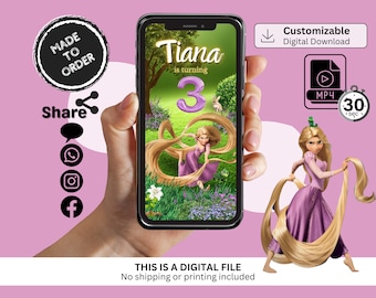 May include: A digital invitation for a birthday party featuring a cartoon image of Rapunzel from the Disney movie Tangled. The invitation is customizable and includes the text "Tiana is turning 3".