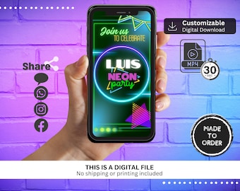 Neon Geburtstagseinladung mit Video: Animierte Digitale Einladung (MP4 Download)