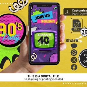 90er Jahre Geburtstag Digitale Einladung für Mann oder Frau, Neunziger Jahre Video Geburtstag einladen, Neon 90er Jahre Party Video, Einladung, Retro Geburtstagsvideo