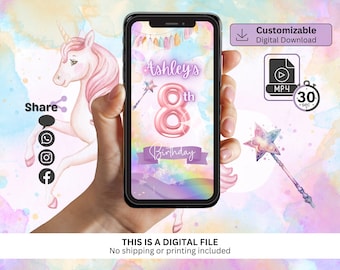 May include: A digital invitation for an 8th birthday party featuring a unicorn, a magic wand, and a rainbow. The invitation is customizable and includes the text "Ashley's 8th Birthday".