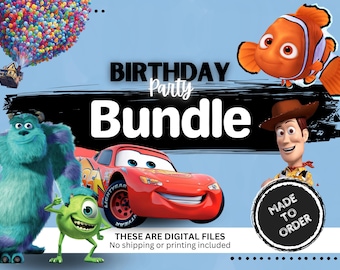 Könnte beinhalten: Ein digitales Geburtstagsparty-Paket mit Charakteren aus beliebten Animationsfilmen, darunter Monster AG, Cars, Toy Story und Findet Nemo. Der Text "Birthday Party Bundle" ist in weißen Buchstaben auf schwarzem Hintergrund dargestellt. Der Text "These are digital files. No shipping or printing included" ist in schwarzen Buchstaben auf weißem Hintergrund dargestellt.