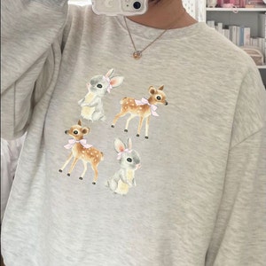 Bunny Coquette Sweater, Dollete Easter Sweatshirt, Bow Deer Sweatshirt, Cottagecore Aesthetic, Cute Animal Gift for Her