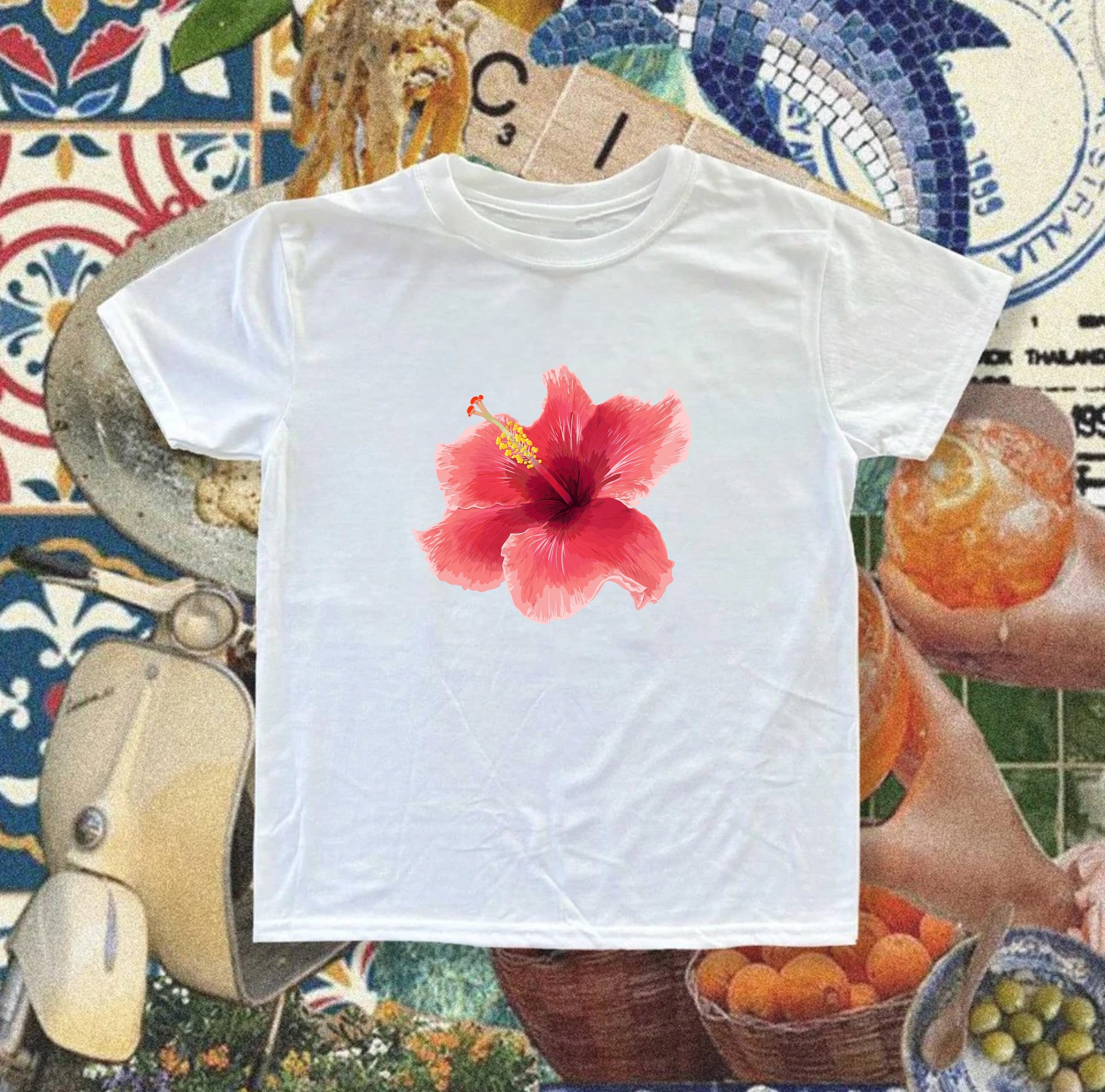 Pink Hibiscus Flower 90s Baby Tee | Aesthetic Tomato Girl