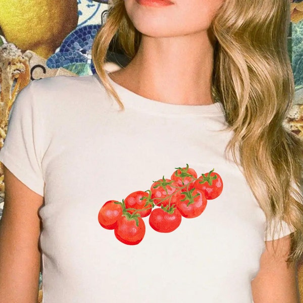 Tomate Baby T-Shirt, Tomate Shirt, gemalte Tomaten 90er Jahre Baby Tee, Italienisches Mädchen Sommer Kokette Baby Tee, Unisex Baumwoll Shirt, nachhaltig hergestellt