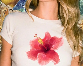 Pink Hibiscus Flower 90s Baby Tee | Aesthetic Tomato Girl