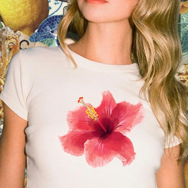 Pink Hibiscus Flower 90s Baby Tee | Aesthetic Tomato Girl Summer 90s Unisex T-Shirt | Lightweight Cotton Shirt
