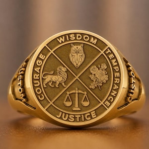 18K Massiv Gold Vier Tugenden Ring: Gerechtigkeit, Weisheit, Mäßigkeit, Mut