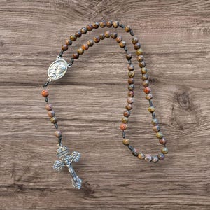 Natural Leopard Skin Jasper Pocket Rosary / Holy Family / Pardon Crucifix