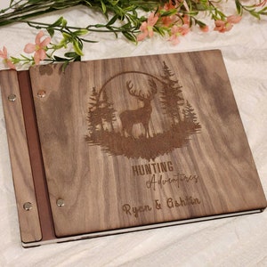 Wooden Photo Album with Deer Gift for Hunter or Fisherman with Engraved Name and Date in Leather Cover Custom Made for Husband
