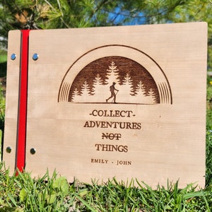 Wooden Photo Album with Deer Gift for Hunter or Fisherman with Engraved Name and Date in Leather Cover Custom Made for Husband