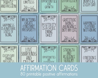 May include: Set of 12 affirmation cards with floral designs and positive messages. The cards are printed on a light blue background with a white border. The messages include "My life is filled with purpose and passion", "My potential to succeed is limitless", "Challenges are opportunities for growth", "My actions create constant prosperity", "Positivity is a choice I make daily", "Abundance flows into my life effortlessly", "Gratitude brings abundance into my life", "Happiness is a natural state of being", "Miracles happen in my life every day", "Happiness is found within me", "Every day I make progress", "Love surrounds and fills me", "Opportunities are everywhere", "Strength and resilience guide my journey", "Confidence grows".