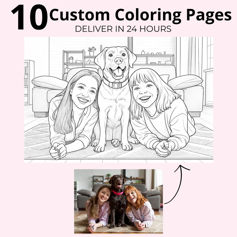 10 Custom Coloring Pages, Personalized Photo to Coloring Page, Digital ...