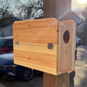 May include: A wooden birdhouse with a rectangular body and a circular entrance hole. The birdhouse is made of light-colored wood and is mounted on a wooden post. The birdhouse has a hinged lid and metal hardware.