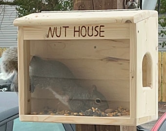 Op de afbeelding: Een houten vogelvoederhuisje met een doorzichtige plastic voorkant, met het label "NUT HOUSE". Een grijze eekhoorn zit in het voederhuisje en eet zaden.