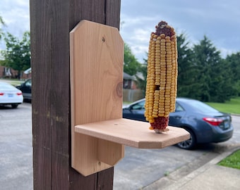 Op de afbeelding: Een houten vogelvoederhuisje met een plank die aan een houten paal is bevestigd. Een gedroogde maïskolf ligt op de plank.