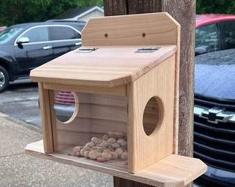 Op de afbeelding: Een houten eekhoornvoeder met een doorzichtig voorpaneel en een ronde opening. De voederbak is gevuld met pinda's en gemonteerd op een houten paal. De voederbak heeft een klein plankje en een scharnierend deksel.