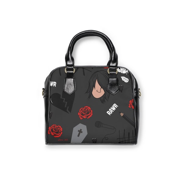 Forever Emo - Sac à bandoulière en cuir noir pour femme Petit sac à main Emo Sac à main noir Roses rouges Cadeau pour elle Cadeaux tatouage Bandes emo personnalisées