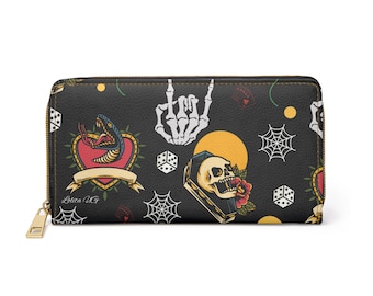 Blasted Baddie - Cartera de tatuaje tradicional Cartera de cuero negro Cartera de calavera Regalo para sus carteras estilo tatuaje Carteras geniales personalizadas