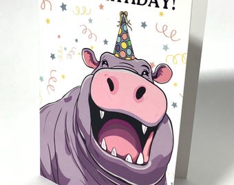 Funny Hippo Birthday Card, Happy Animal Greeting, Kids Party (Digital Download)