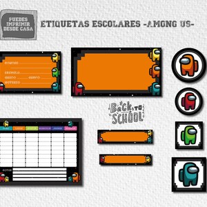 Etiquetas escolares imprimibles Among Us fondo naranja, etiquetas para ...