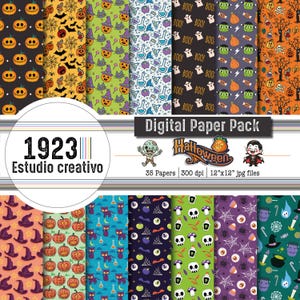 Puede incluir: Un paquete de papel digital con 35 patrones temáticos de Halloween que incluyen calabazas, fantasmas, calaveras, murciélagos y sombreros de bruja. El texto dice 1923 Estudio creativo, Digital Paper Pack, Halloween, 35 Papers, 300 dpi, 12x12 jpg files.