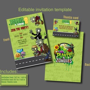 Puede incluir: Plantilla de invitación editable para una fiesta de cumpleaños de 8 años con el tema Plants vs. Zombies. El frente de la invitación presenta un personaje de zombie de dibujos animados y el texto "Robbie cumple 8 años, ¡Únete a la fiesta!" La parte posterior de la invitación presenta el logotipo de Plants vs. Zombies. La invitación también incluye una tarjeta de agradecimiento.