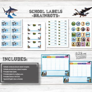 Puede incluir: Etiquetas y plantillas escolares con un tiburón con zapatillas y un ganso volador. Incluye etiquetas de cuaderno editables, etiquetas de carpeta, pegatinas y un horario de clases español/inglés. Se muestra el texto "SCHOOL LABELS - BRAINROTS-".