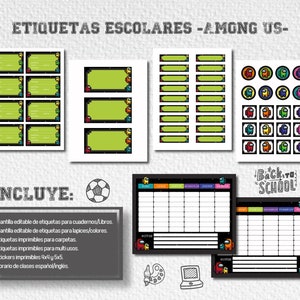 Etiquetas escolares imprimibles Among Us fondo Verde, etiquetas para libros, etiquetas para cuadernos, etiquetas para lápices, among us.