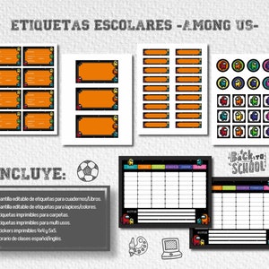 Etiquetas escolares imprimibles Among Us fondo naranja, etiquetas para libros, etiquetas para cuadernos, etiquetas para lápices, among us.