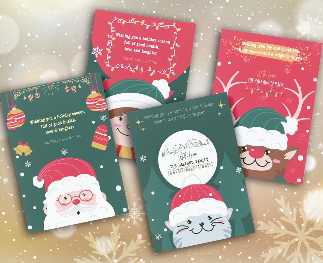Pack of 4 Editable and Printable Christmas Cards, Editable Canva Cards