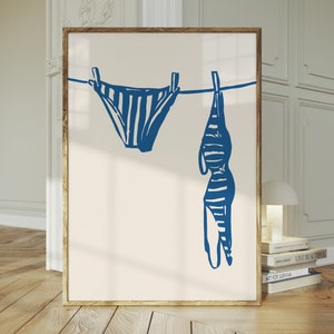 Decoración de temporada de bikini de playa costera de verano, boceto simple hecho a mano, minimalista francés costero, obra de arte digital imprimible y descargable, cielo azul