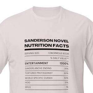 Sanderson Nutrition Facts - Short-Sleeve T-Shirt, Mistborn, Stormlight, Warbreaker, Elantris - Brandon Sanderson - Cosmere - Book theme gift
