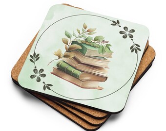 Cork-back coaster - Green leaf books - Custom Book Theme - bookbantergifts