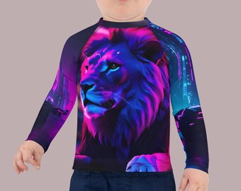 Neon Cyberpunk Lion and City Rash Guard | No Gi BJJ, Jiu-Jitsu Compression Shirt, Sun Protection Surf Shirt, Sun Safe Swim | UPF 50+ Kids