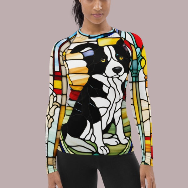 Border Collie Stained Glass Design Rash Guard | Perfect for Surfing, Fishing, Beach, Combat Sports | UPF 50+ Women