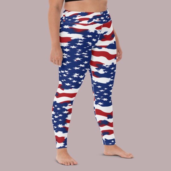 USA Patriotic Abstract Flag Yoga Pants | High-Waistband Extra Support Athletic Leggings with Inner Pocket | UPF 50+ Women