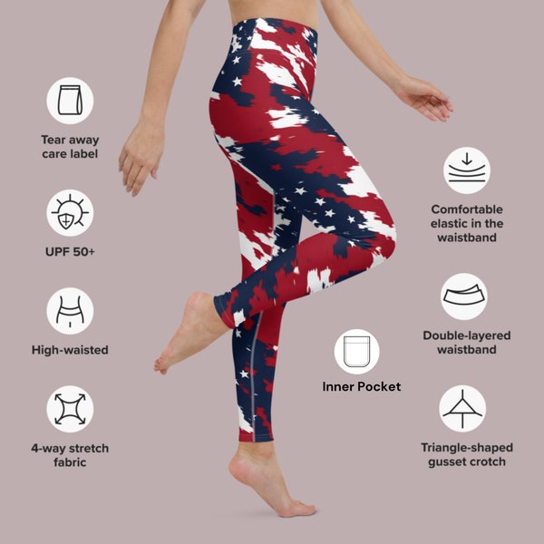 USA Patriotic Abstract Flag Yoga Pants | High-Waistband Extra Support Athletic Leggings with Inner Pocket | UPF 50+ Women