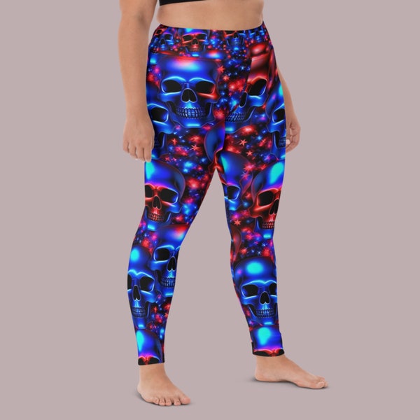 Skulls Stars Holographic Yoga Pants Ankle Length High-Waistband Extra Support Athletic Leggings with Inner Pocket | UPF 50+ Women