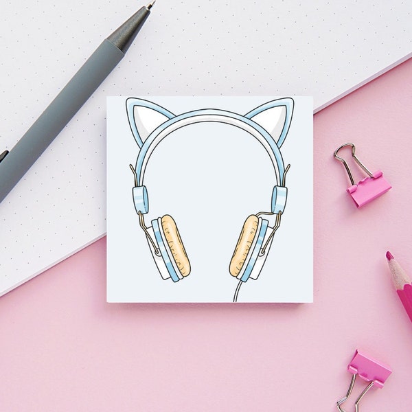 Blue Kawaii Gaming Headphones Post-it® Note Pad, cute sticky notes, cat ear headphones, office desk notepad, kawaii memo pad, gamer girl