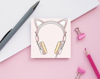 Bloc-notes rose Kawaii Gaming Headphones Post-it®, adorables pense-bêtes, écouteurs avec oreilles de chat, accessoires de bureau, bloc-notes kawaii, gameuse