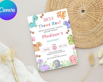 May include: A white invitation card with a dinosaur theme. The text reads "She's a Three Rex!" and "Madison's 3rd Birthday!" with event details. The card is decorated with cartoon dinosaurs in various colors.