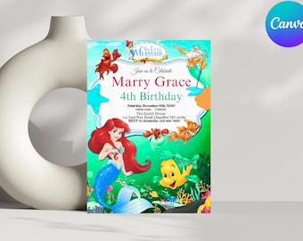Editable Mermaid Birthday Invitation, Princess Ariel Party (Digital Download)