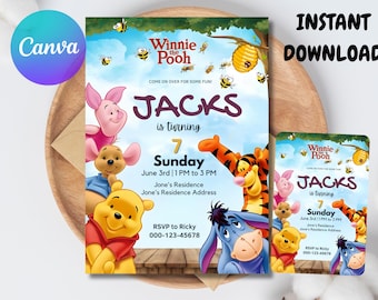 Könnte beinhalten: Eine Geburtstagseinladung im Winnie-the-Pooh-Design mit dem Text "JACKS wird 7". Die Einladung zeigt Illustrationen von Winnie Puuh, Ferkel, Tiger und Eeyore. Der Text "SOFORT-DOWNLOAD" ist ebenfalls sichtbar.