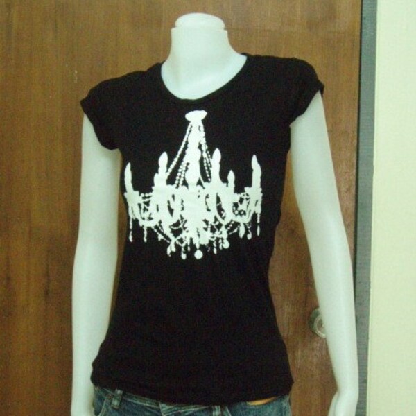 white vintage chandelier design on women black tee shirt 