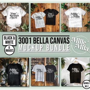May include: A mockup bundle of six Bella Canvas 3001 t-shirts in black and white. The t-shirts are displayed on a wooden background with greenery. The text "BLACK & WHITE" and "3001 BELLA CANVAS MOCKUP BUNDLE" is displayed on the image.