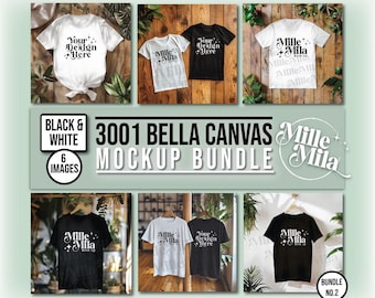 May include: A mockup bundle of six Bella Canvas 3001 t-shirts in black and white. The t-shirts are displayed on a wooden background with greenery. The text "BLACK & WHITE" and "3001 BELLA CANVAS MOCKUP BUNDLE" is displayed on the image.